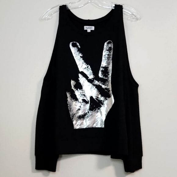 🔥ABSOLUTE FINAL💲⬇️Lauren Moshi Black Cold Shoulder Silver Hand✌️, Size L~EUC - Picture 1 of 13